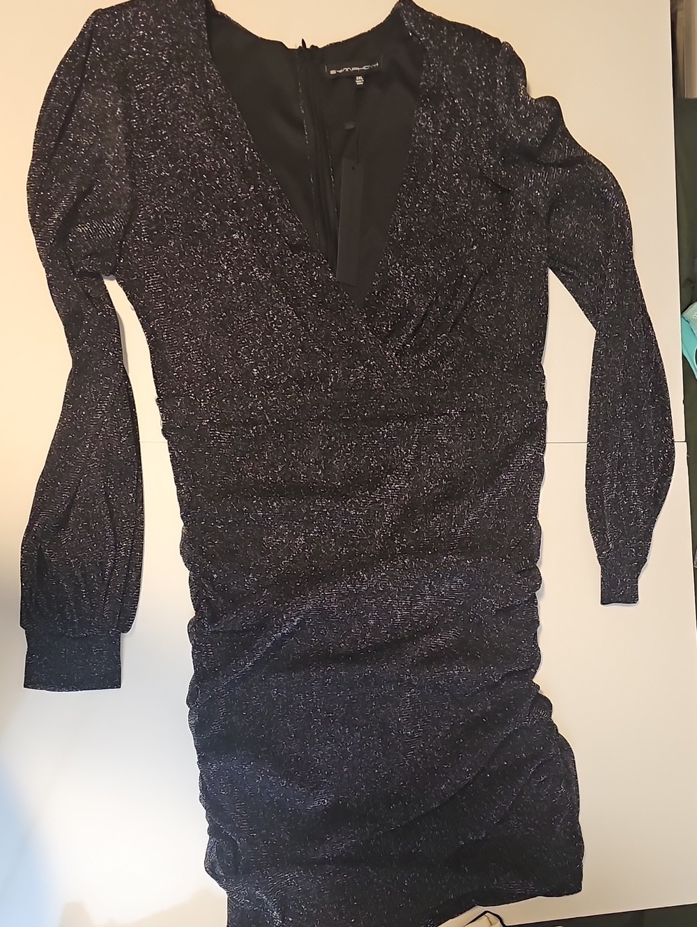 Symphony Sparkle Black Long-Sleeve V-Neck Ruched Dress